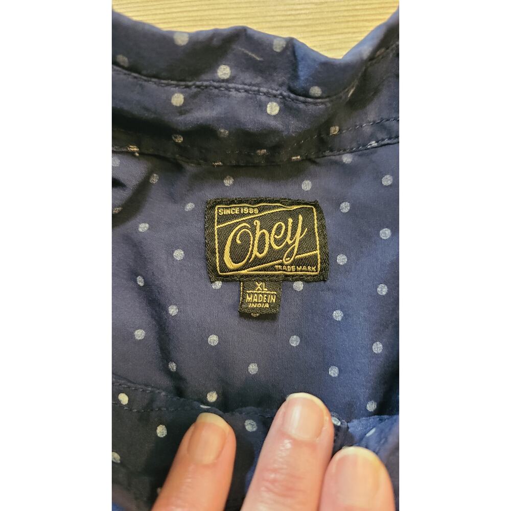 Obey Dexter Short Sleeve Mens XL Lighweight Blue White Polka Dot FLAW - Picture 4 of 7